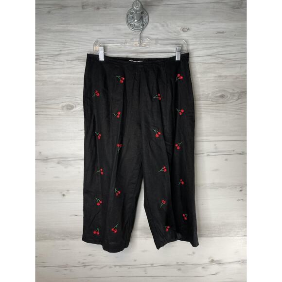 Richard Malcolm Pants - Richard Malcolm Womens 12 Petite Black Linen Blend Cherry Embroidered Pants
